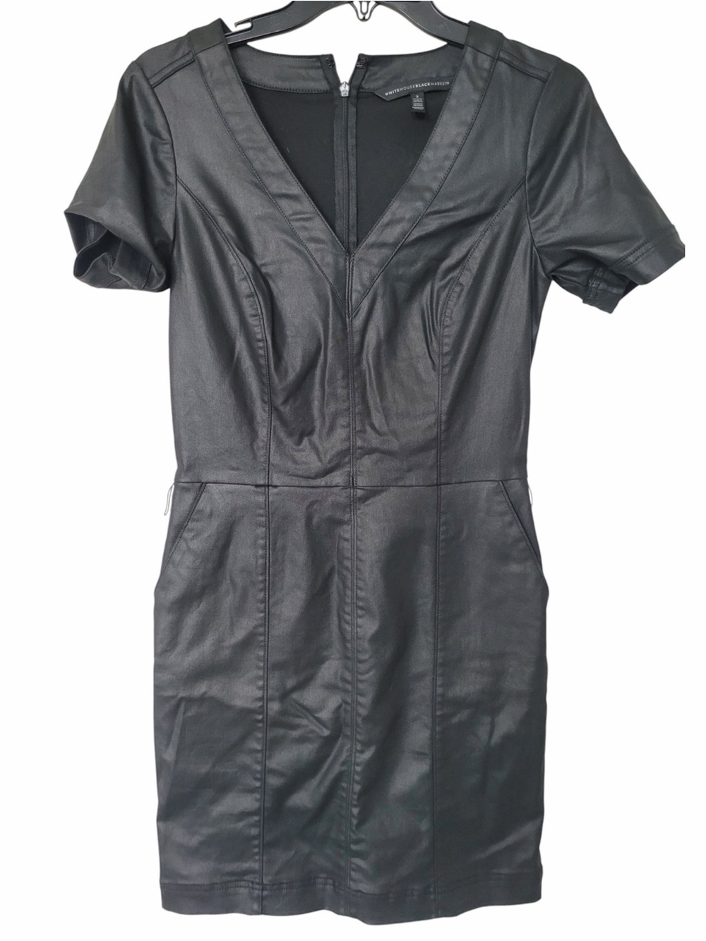 ✅ White House Black Market Black Faux Leather V-Neck Short Sleeve Sheath Dress 2